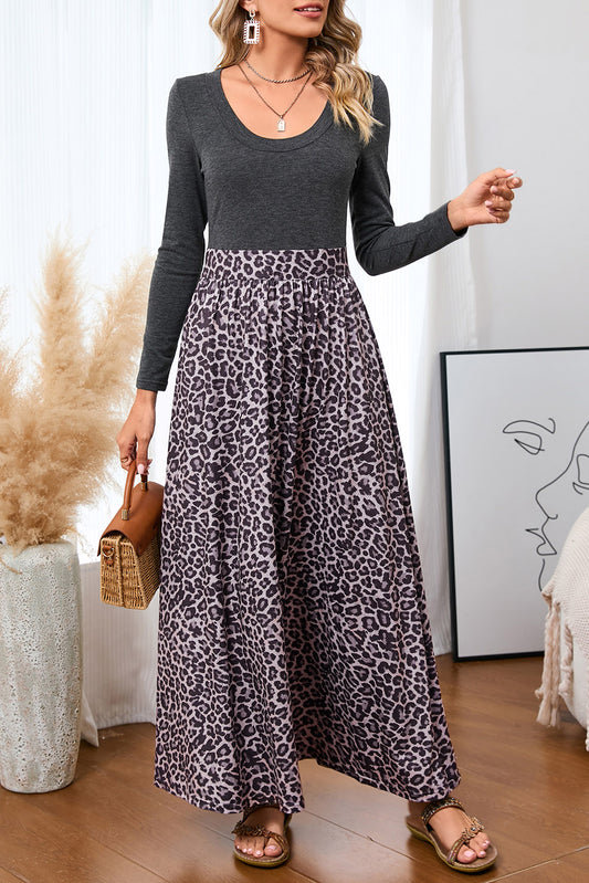 Black and Leopard Print Long Sleeve Boho Maxi Dress