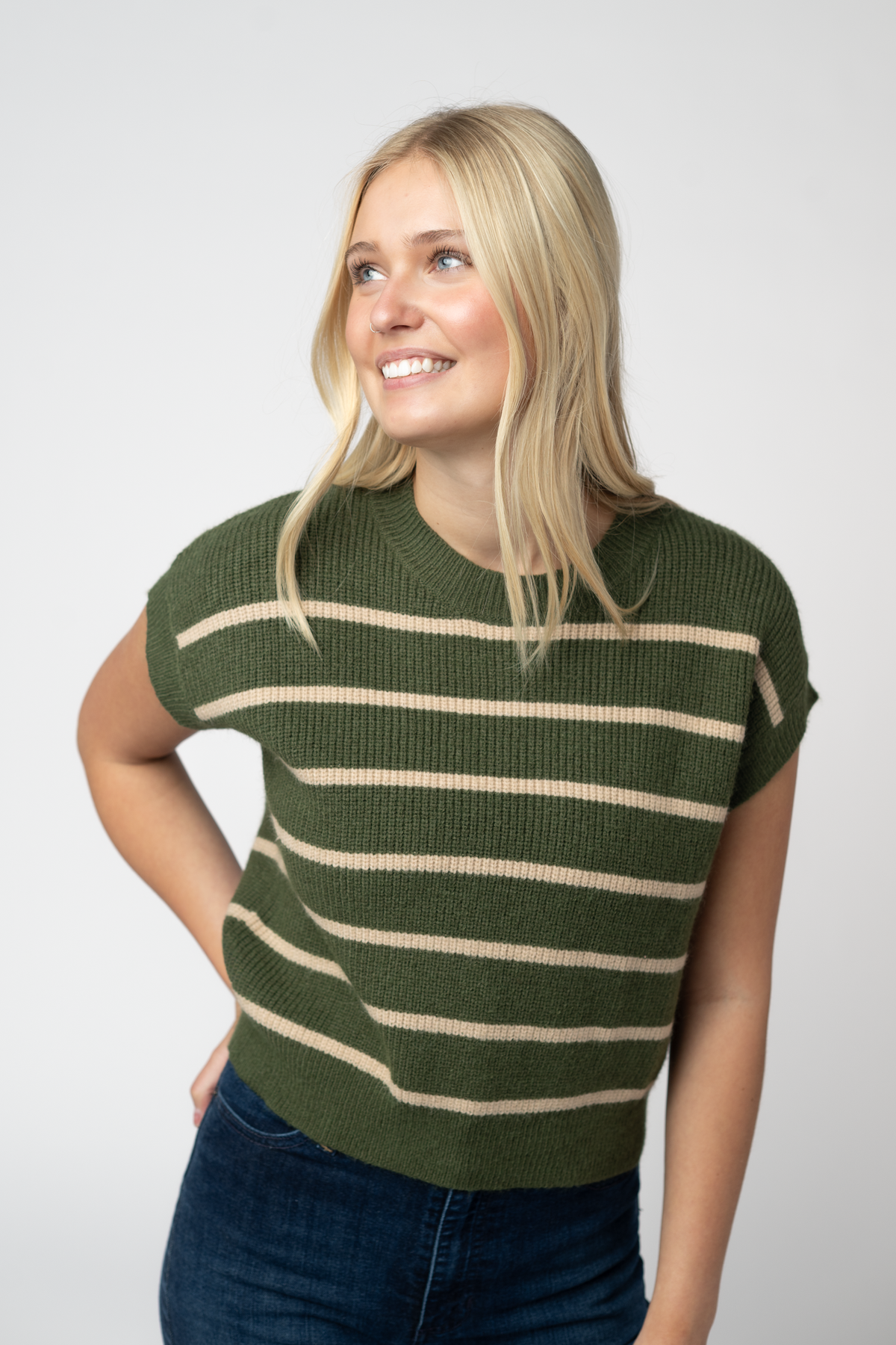 IN STOCK Striped Sweater Top - Olive and Tan: Small
