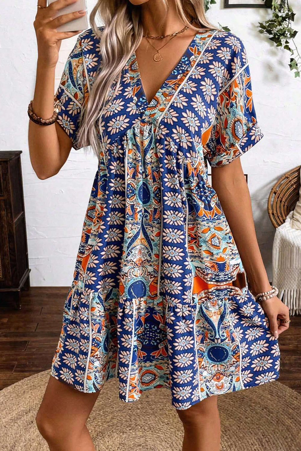 Blue Random Flower Print V-Neck High Waisted Dress