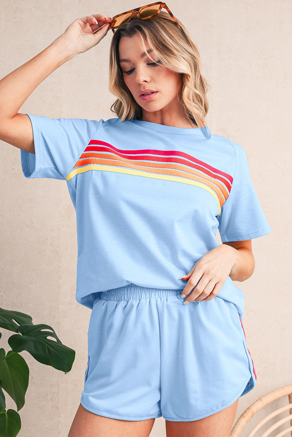 Beau Blue Colorful Striped Casual Tee