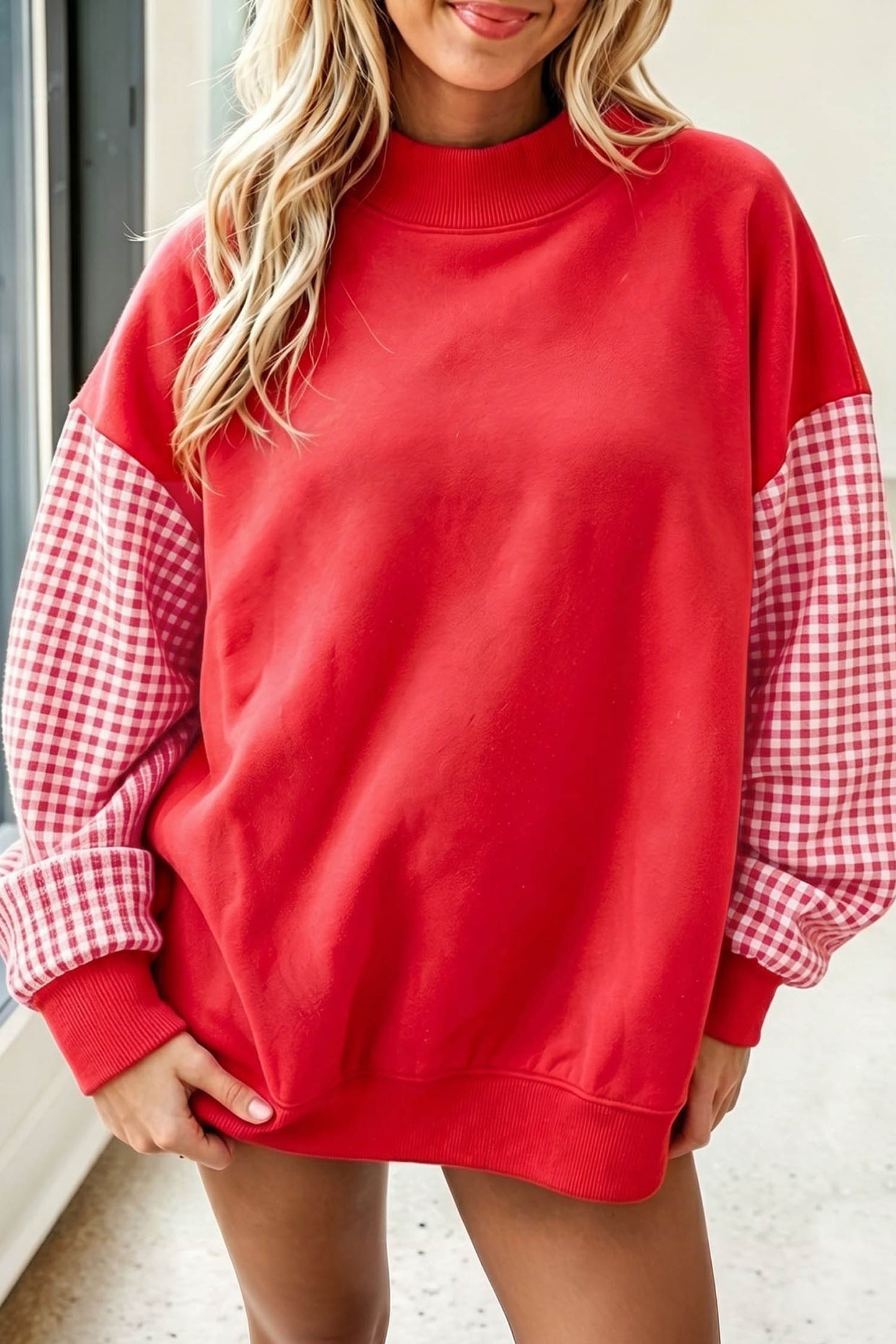 Coffee Plaid Sleeve Colorblock Loose Tunic Sweatshirt