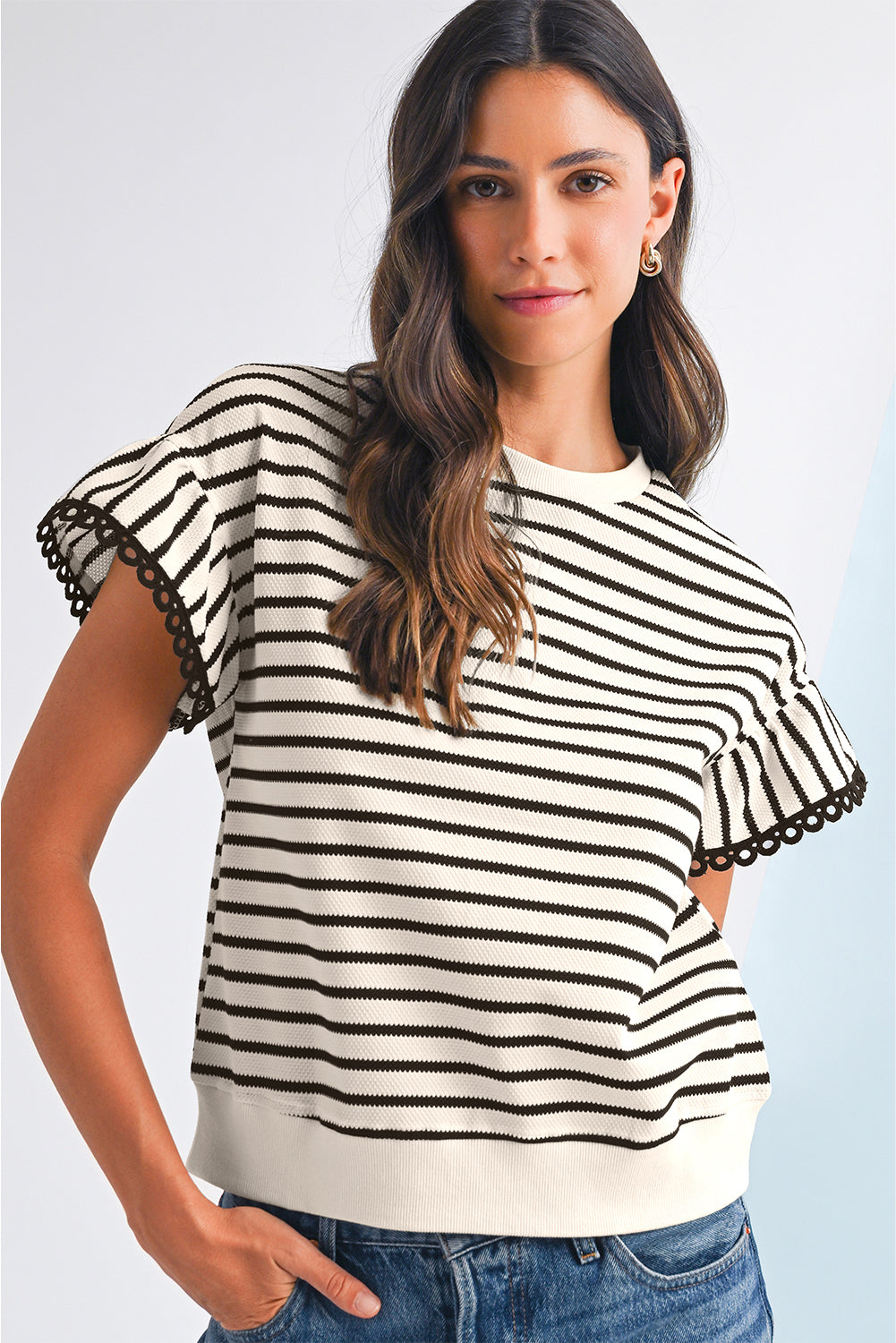 Black Stripe Scallop Lace Trim Ruffle Sleeves Crewneck Top