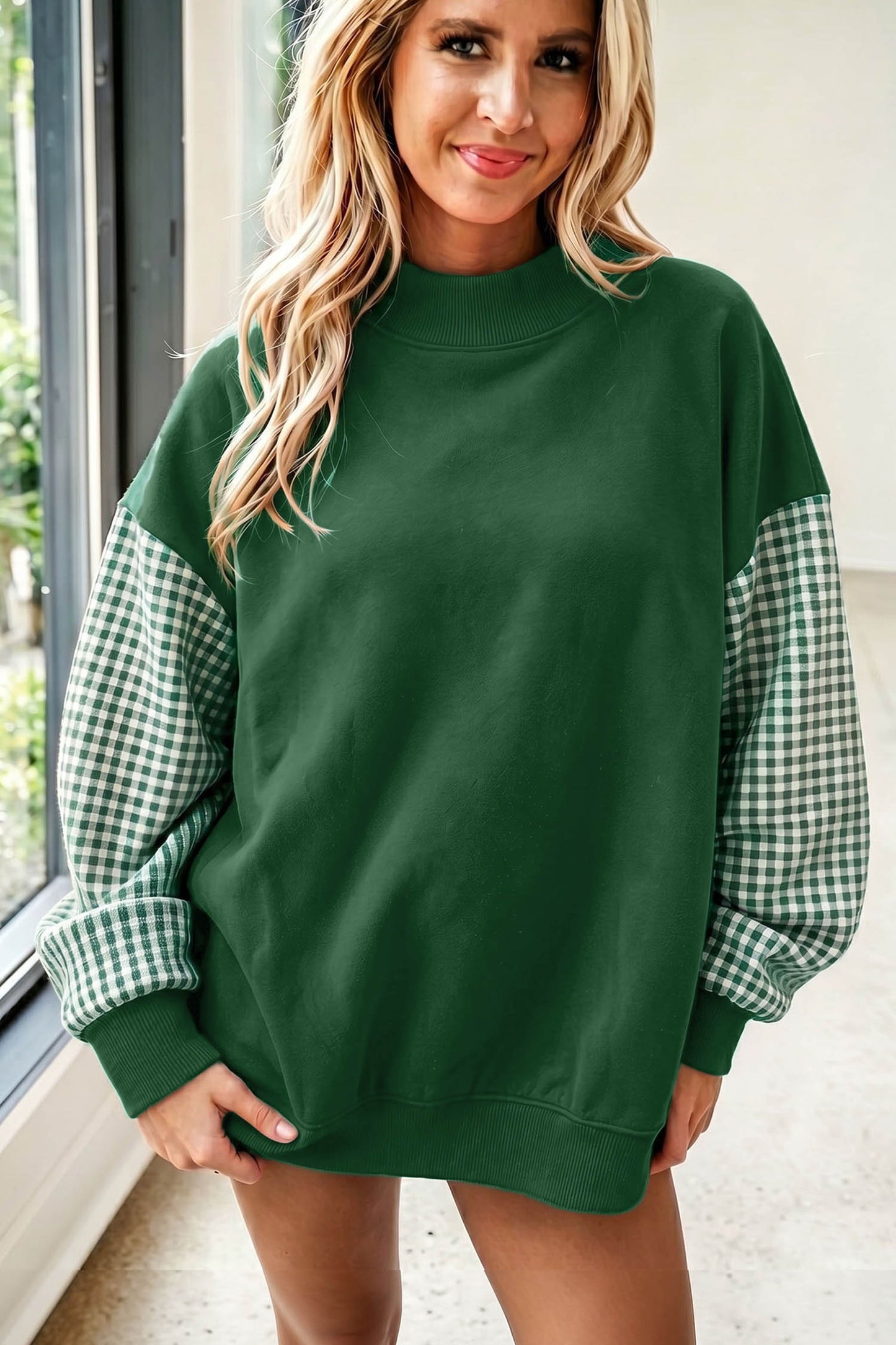Coffee Plaid Sleeve Colorblock Loose Tunic Sweatshirt
