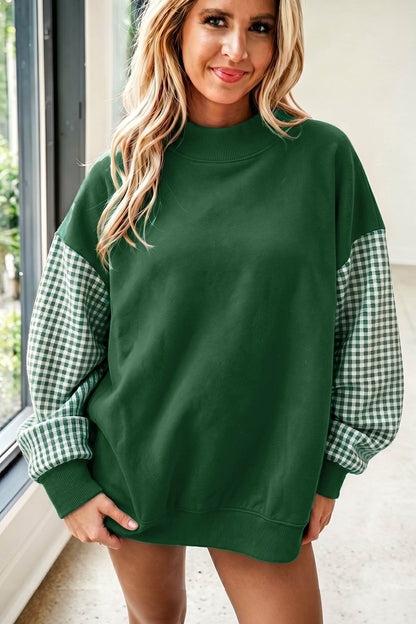 Coffee Plaid Sleeve Colorblock Loose Tunic Sweatshirt