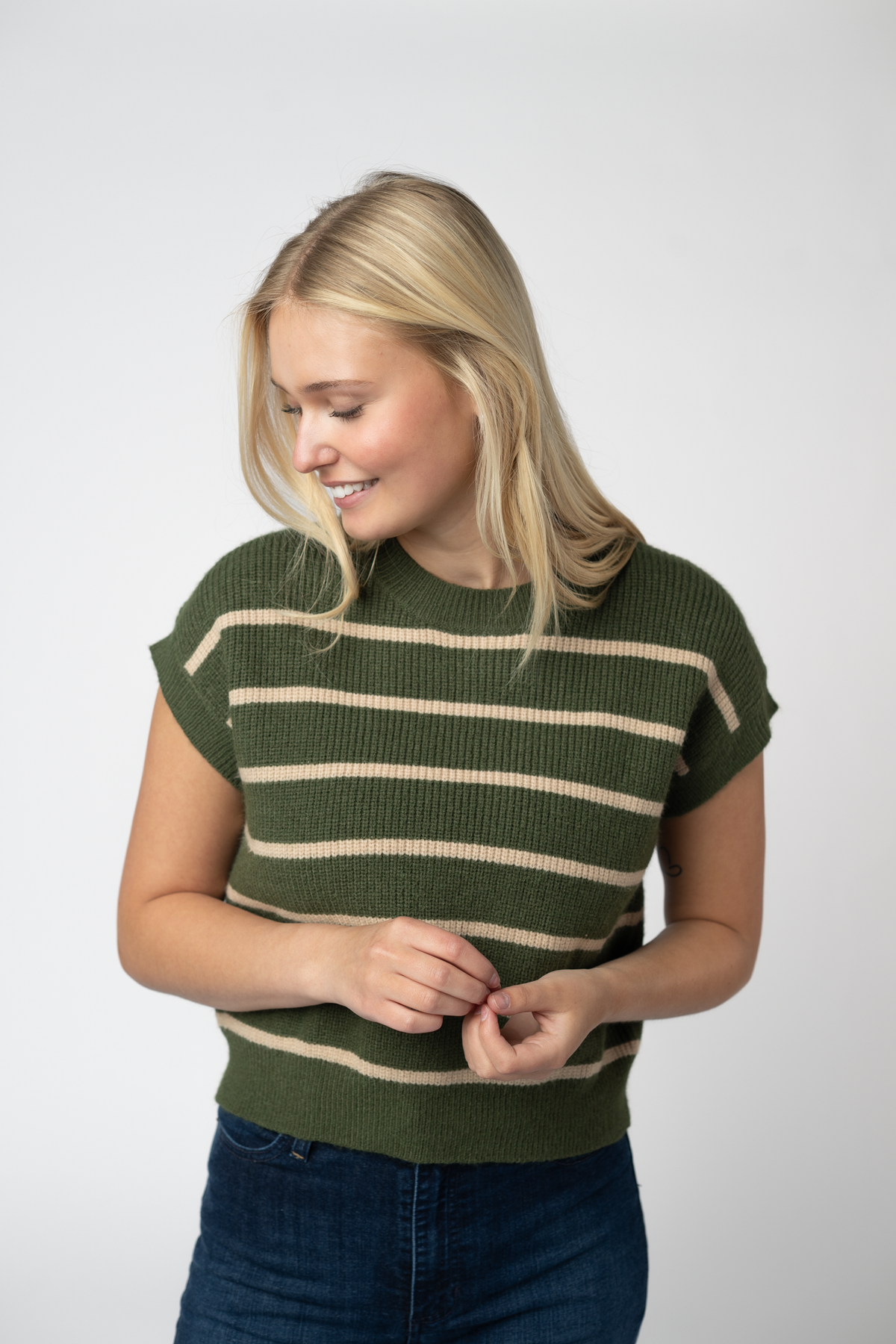 IN STOCK Striped Sweater Top - Olive and Tan: Small