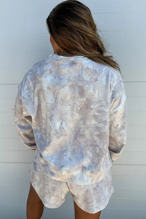 Beige Maple Camo Print Pullover Top and Elastic Waist Casual Short Set