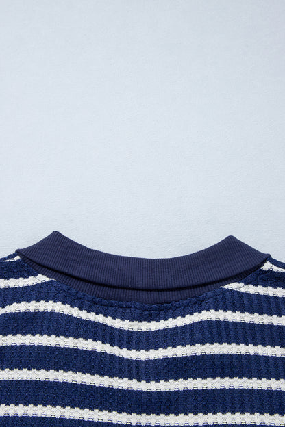 Blue Stripe Textured Knit Half Zip Collared Long Sleeve Top
