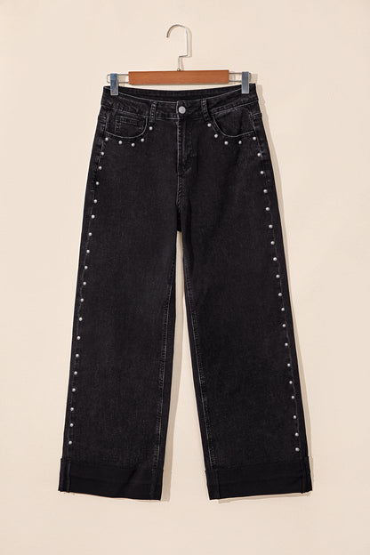 Navy Blue Studded Detail Straight Leg Casual Loose Jeans