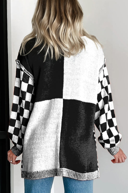 Black Checkered Plus Size Drop Shoulder Knit Cardigan
