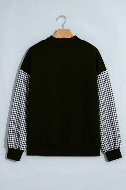 Coffee Plaid Sleeve Colorblock Loose Tunic Sweatshirt