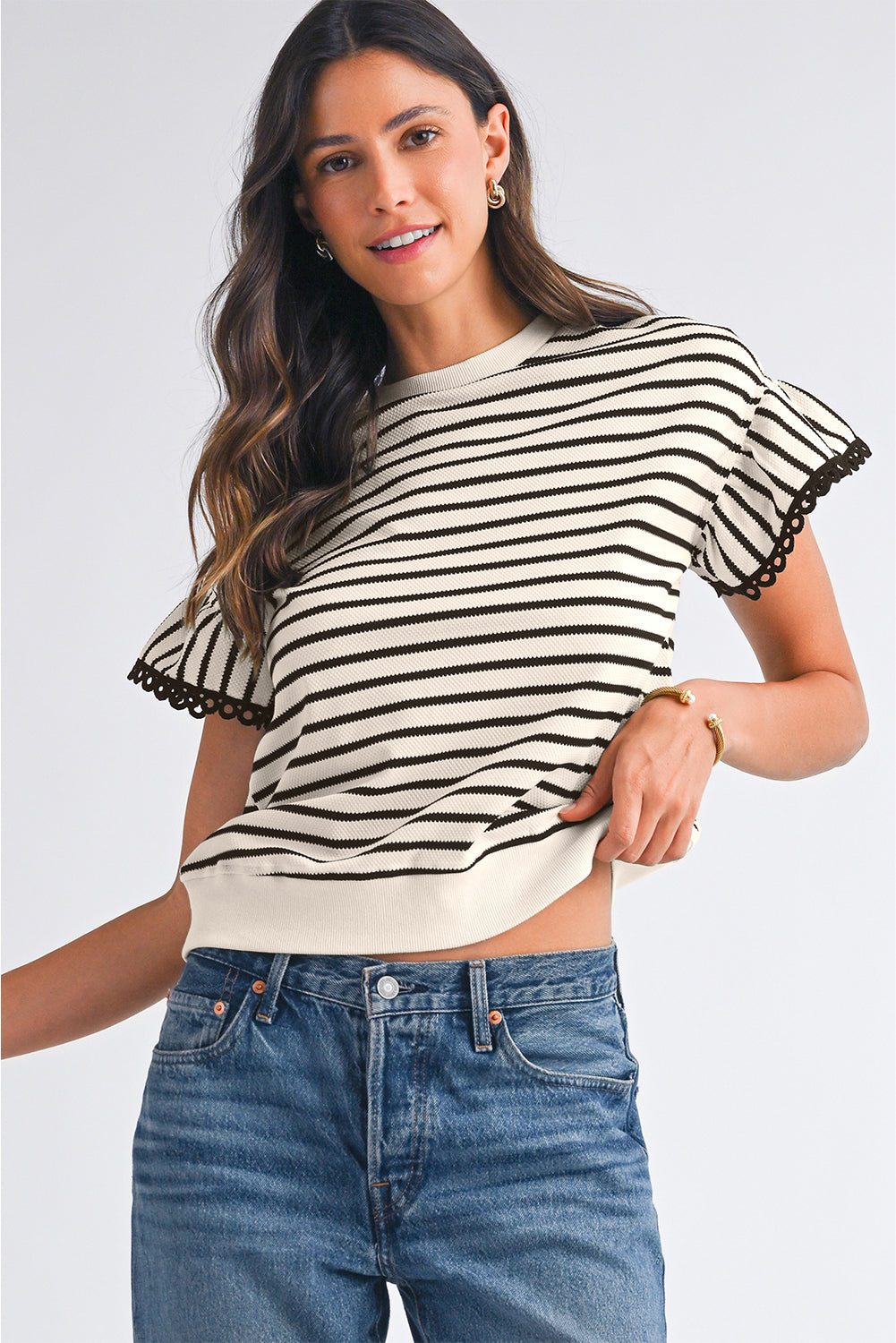 Black Stripe Scallop Lace Trim Ruffle Sleeves Crewneck Top