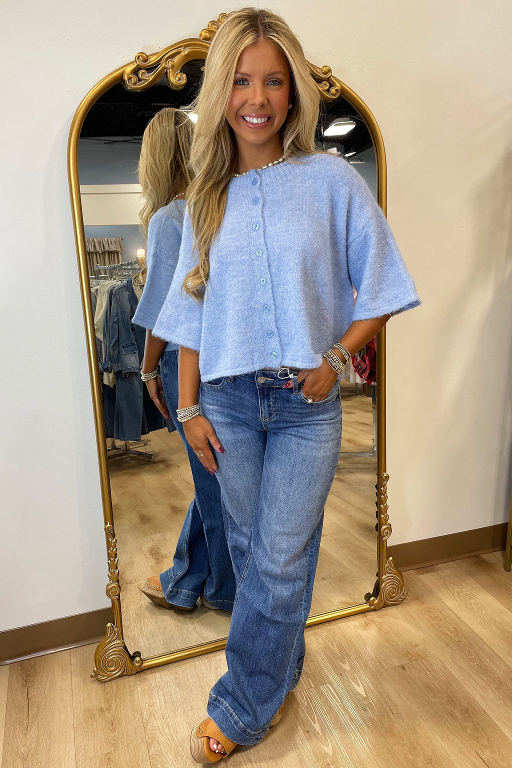 Lavendula 3/4 Sleeve Boxy Knit Button Down Sweater Cardigan