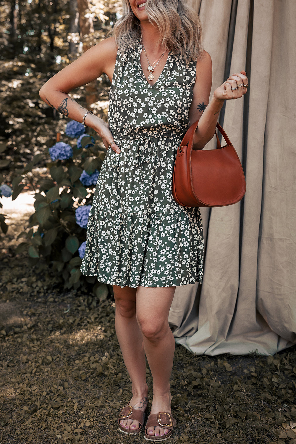 Green Boho Floral Print V Neck Knot Waist Sleeveless Dress