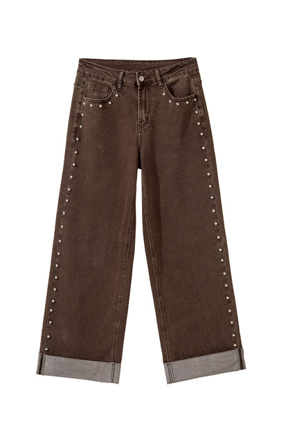Navy Blue Studded Detail Straight Leg Casual Loose Jeans