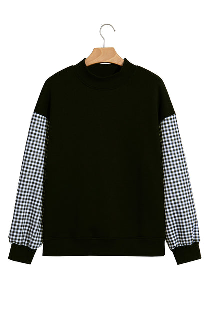 Coffee Plaid Sleeve Colorblock Loose Tunic Sweatshirt