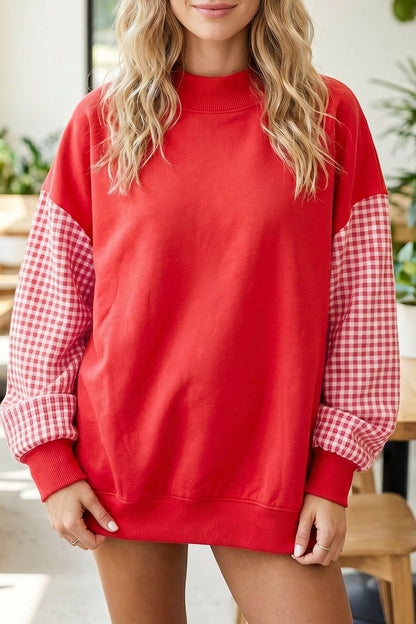 Coffee Plaid Sleeve Colorblock Loose Tunic Sweatshirt