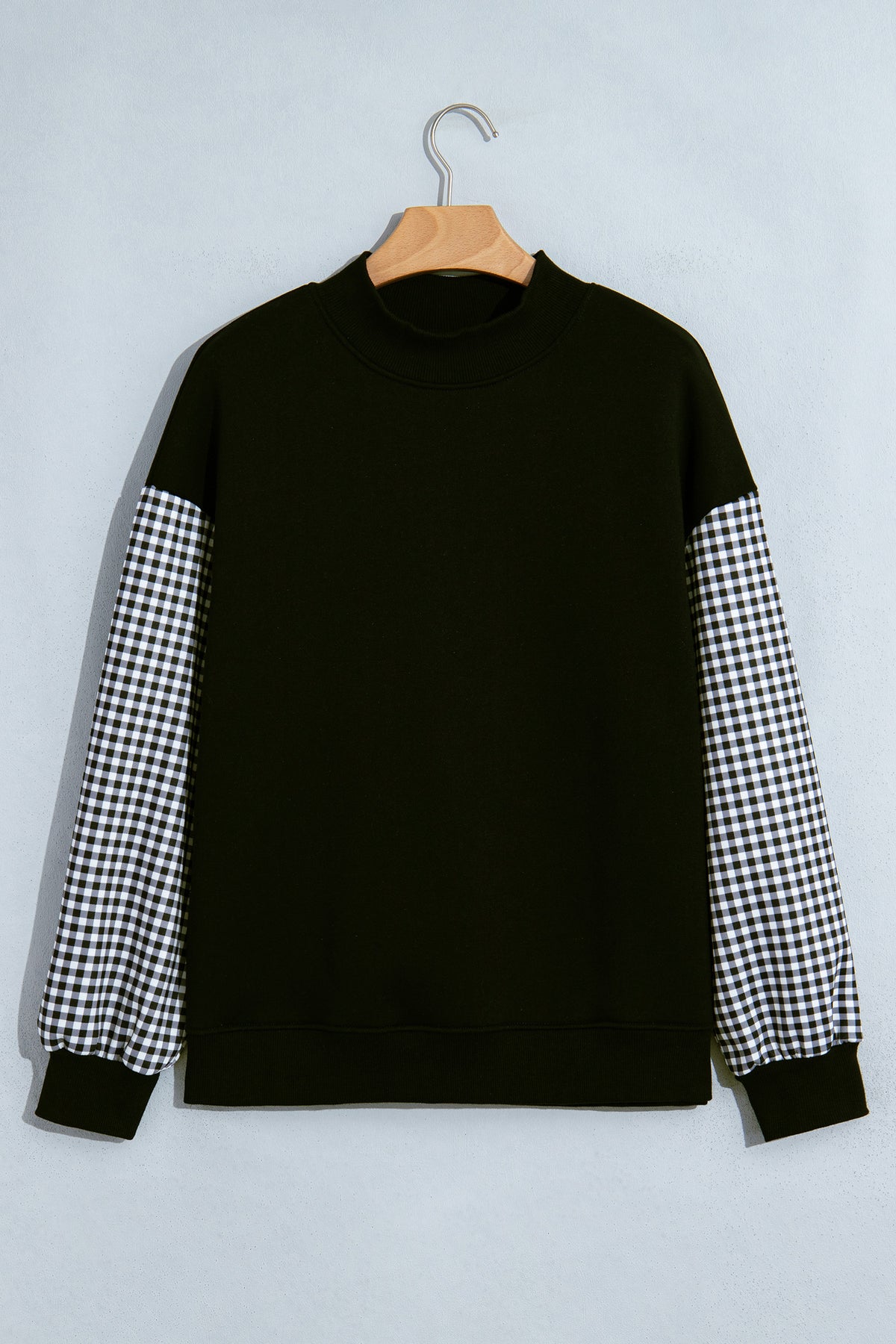 Coffee Plaid Sleeve Colorblock Loose Tunic Sweatshirt