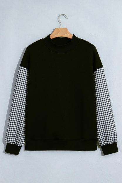 Coffee Plaid Sleeve Colorblock Loose Tunic Sweatshirt