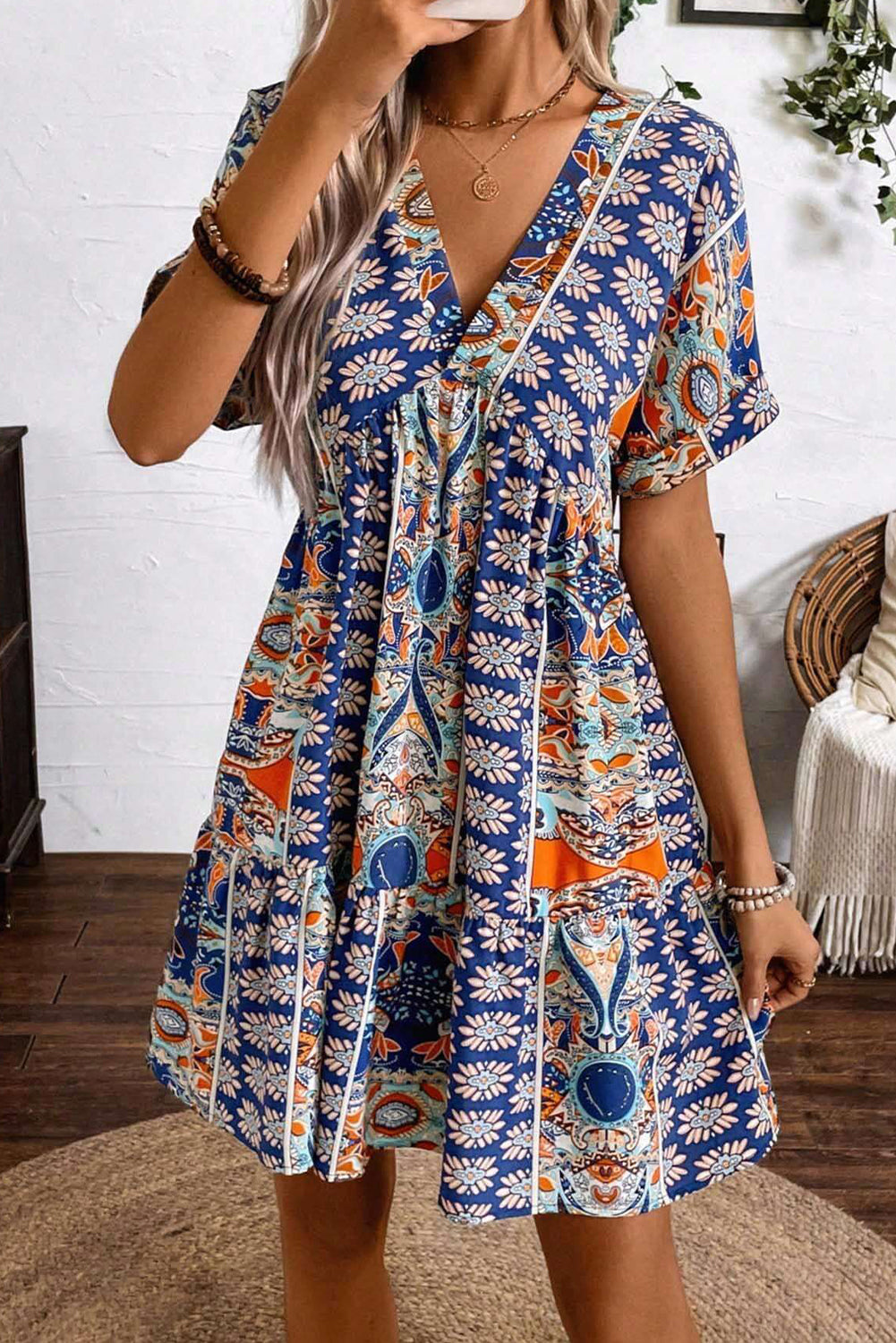 Blue Random Flower Print V-Neck High Waisted Dress