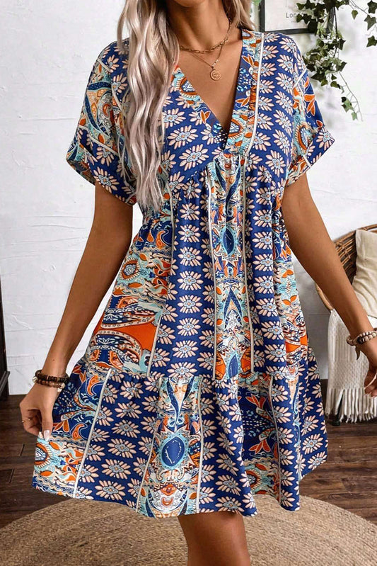 Blue Random Flower Print V-Neck High Waisted Dress