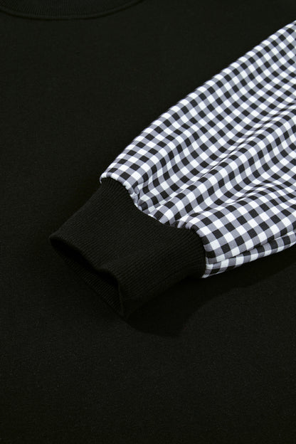 Coffee Plaid Sleeve Colorblock Loose Tunic Sweatshirt
