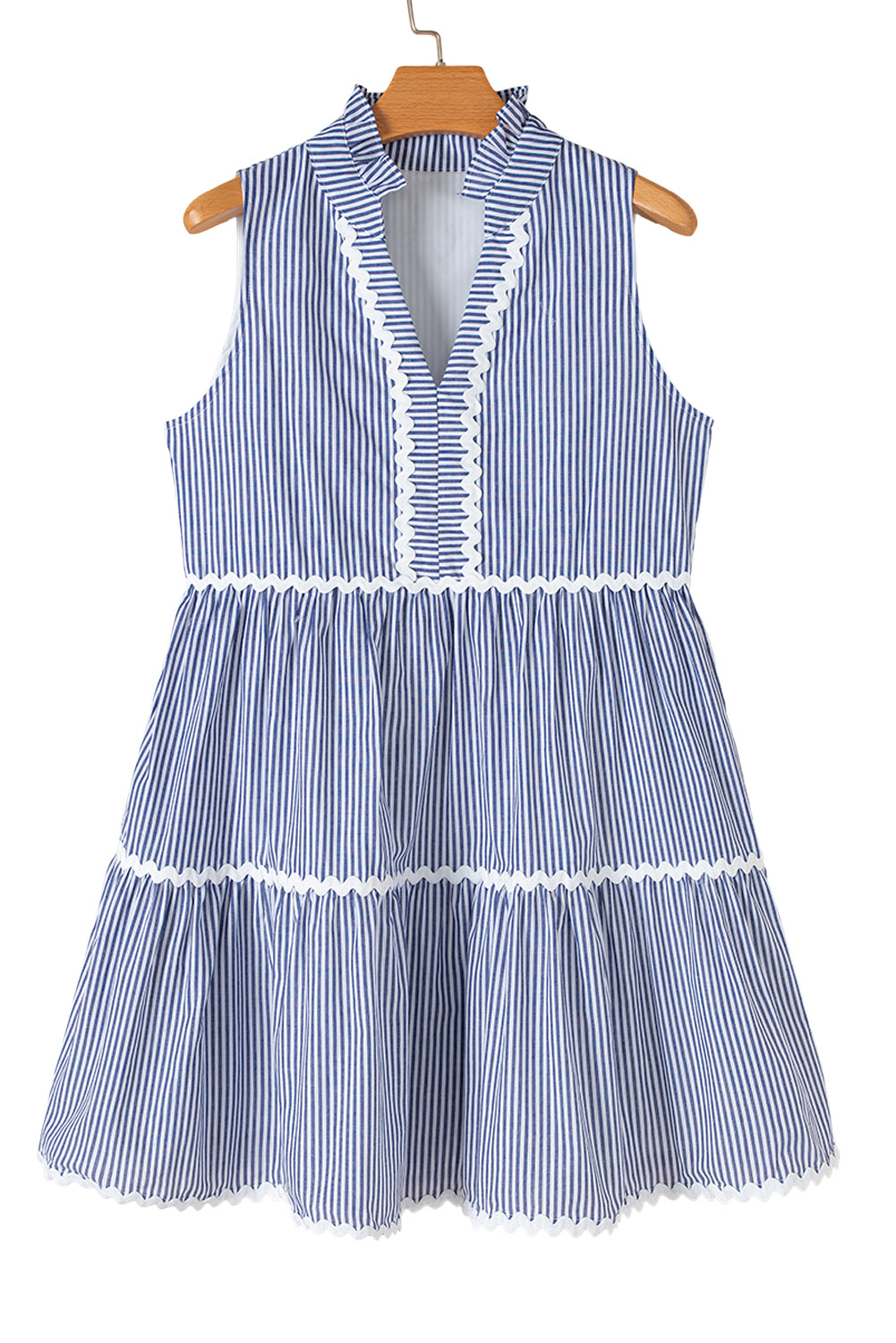Blue Stripe Sleeveless Notched V Neck Contrast Ric Rac Mini Dress