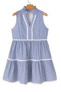 Blue Stripe Sleeveless Notched V Neck Contrast Ric Rac Mini Dress