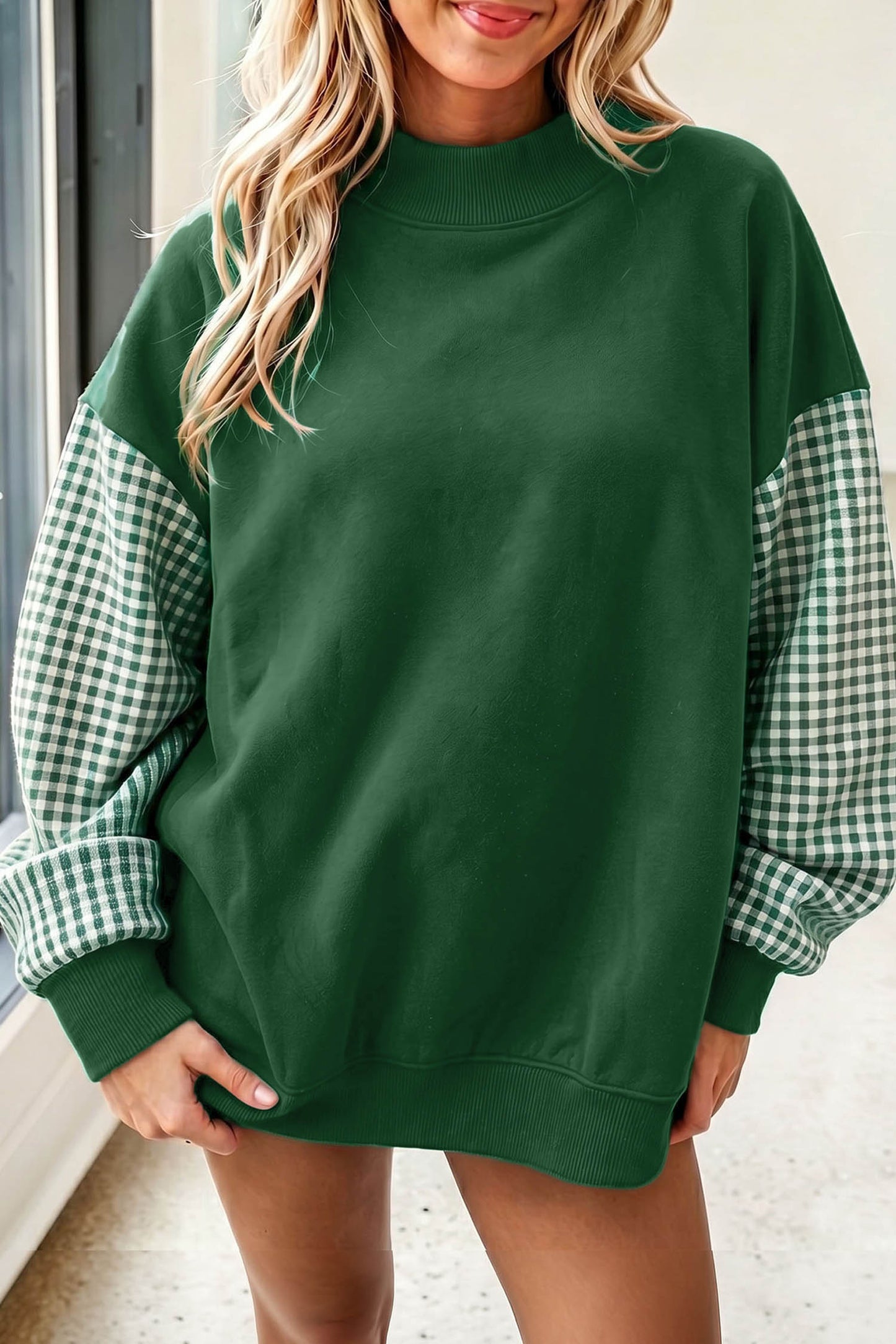 Coffee Plaid Sleeve Colorblock Loose Tunic Sweatshirt