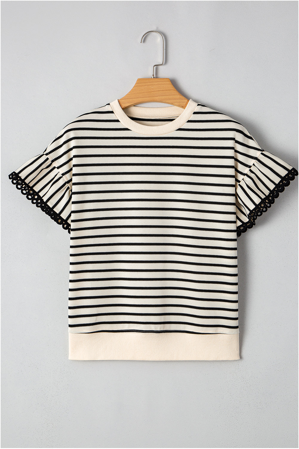 Black Stripe Scallop Lace Trim Ruffle Sleeves Crewneck Top