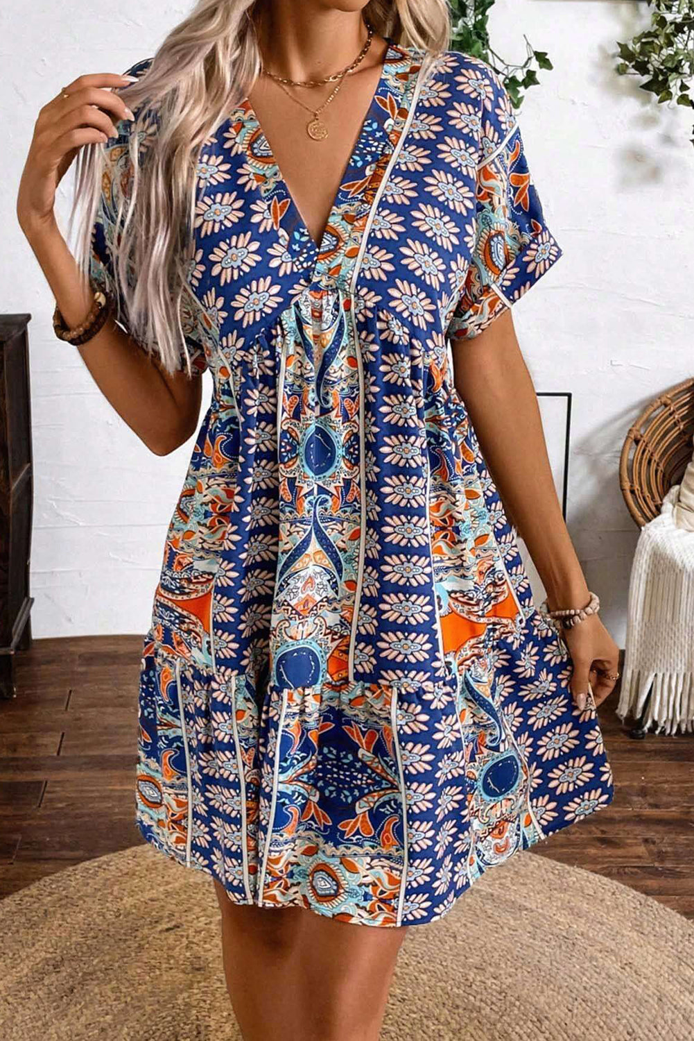 Blue Random Flower Print V-Neck High Waisted Dress