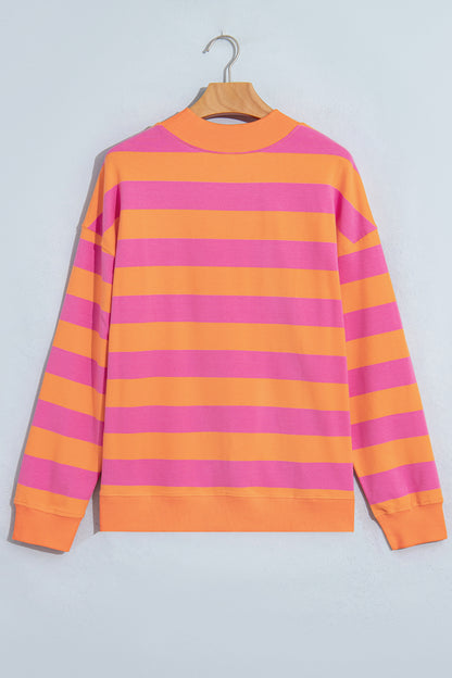 Brown Stripe Colorblock Mock Neck Relaxed Sweatshirt